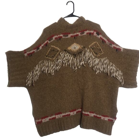 Free People Brown Fringe Oversized Poncho Sweater XS - Picture 2 of 16